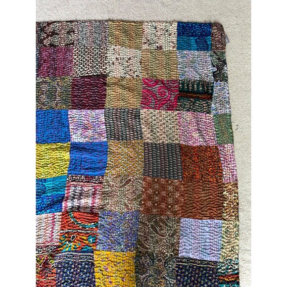 Taj Hotel Kantha Colorful Patchwork Silk Rayon Throw Blanket 62x84 - Picture 8 of 10